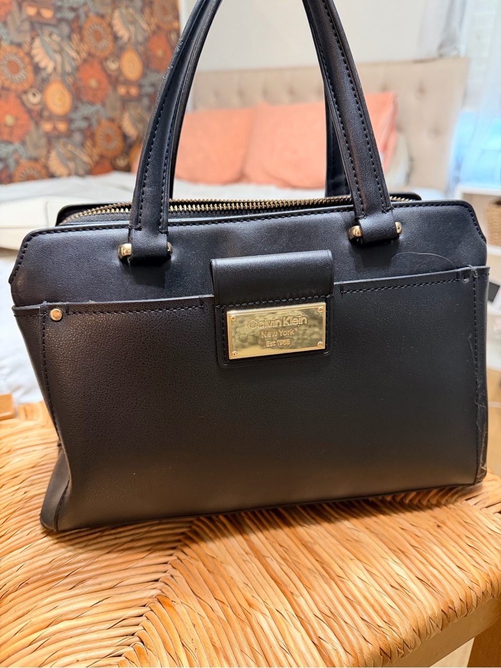 Calvin Klein Black Leather Top-Handle Satchel with Gold Plaque